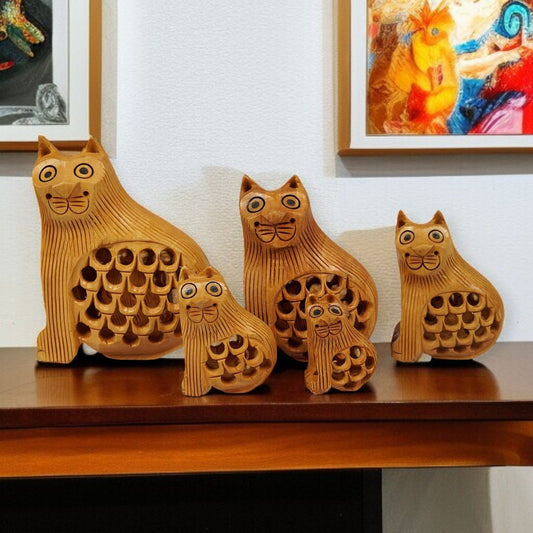 Wooden Cat Jali Antique Showpiece Set Of 5 Pcs
