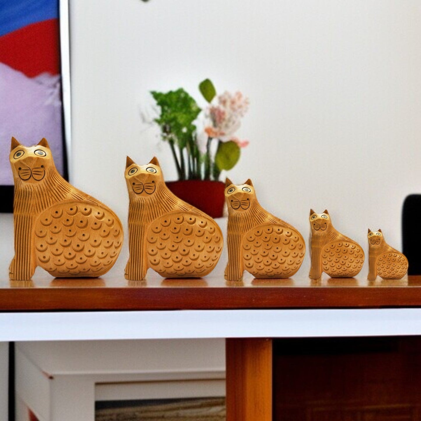 Wooden Cat Set Carving Antique Showpiece Set Of 5 Pcs