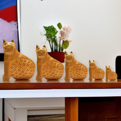 Wooden Cat Set Carving Antique Showpiece Set Of 5 Pcs