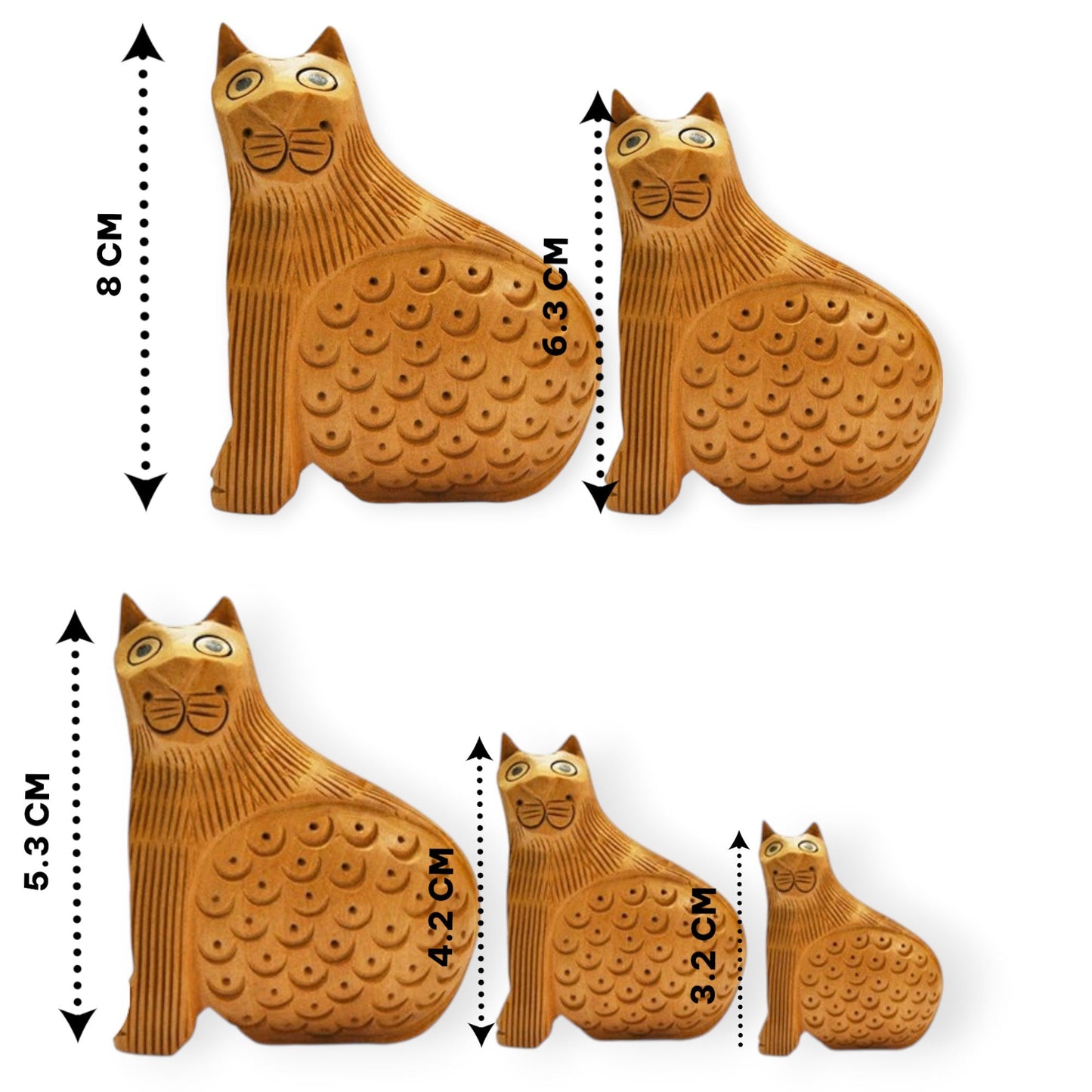 Wooden Cat Set Carving Antique Showpiece Set Of 5 Pcs