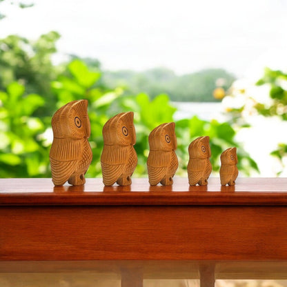 Wooden Owl Set Carving Antique Showpiece Set Of 5 Pcs