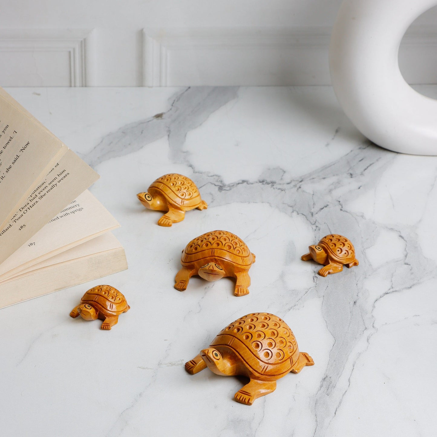 Wooden Tortoise Set Carving Antique Showpiece Set Of 5 Pcs