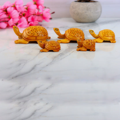 Wooden Tortoise Set Carving Antique Showpiece Set Of 5 Pcs