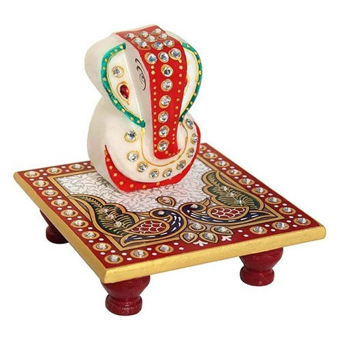 Ganesha Marble Enamel Painted Placed Chowki
