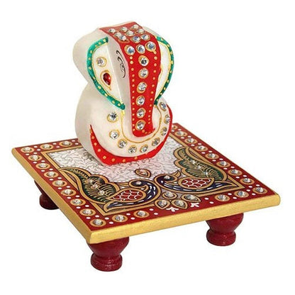 Ganesha Marble Enamel Painted Placed Chowki
