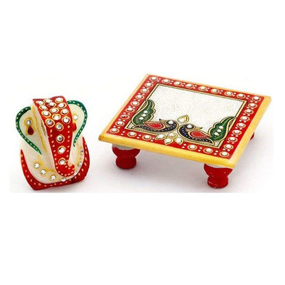 Ganesha Marble Enamel Painted Placed Chowki