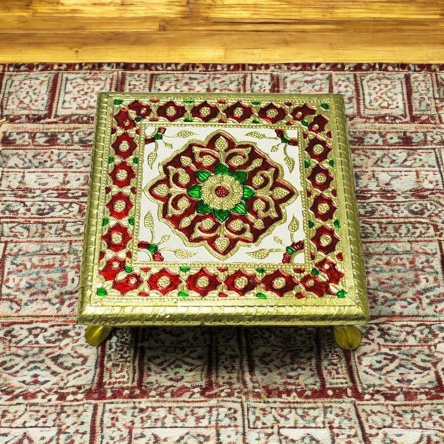 Meenkari Aluminium Metal Leg Chowki - 12X12 Inch Multicolour