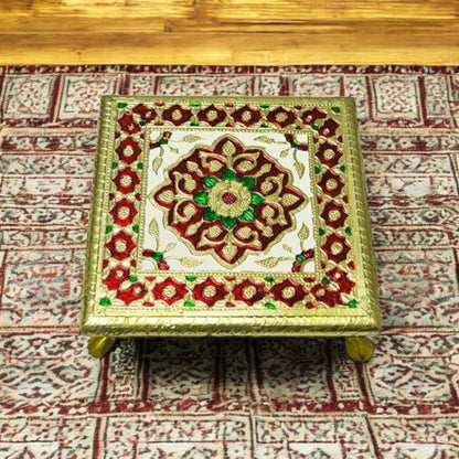Meenkari Aluminium Metal Leg Chowki - 12X12 Inch Multicolour