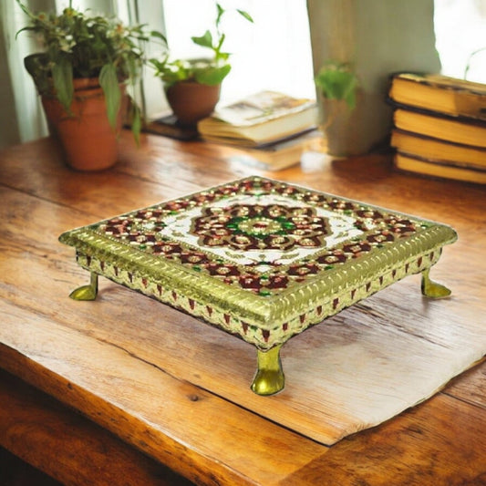 Meenkari Aluminium Metal Leg Chowki - 12X12 Inch Multicolour