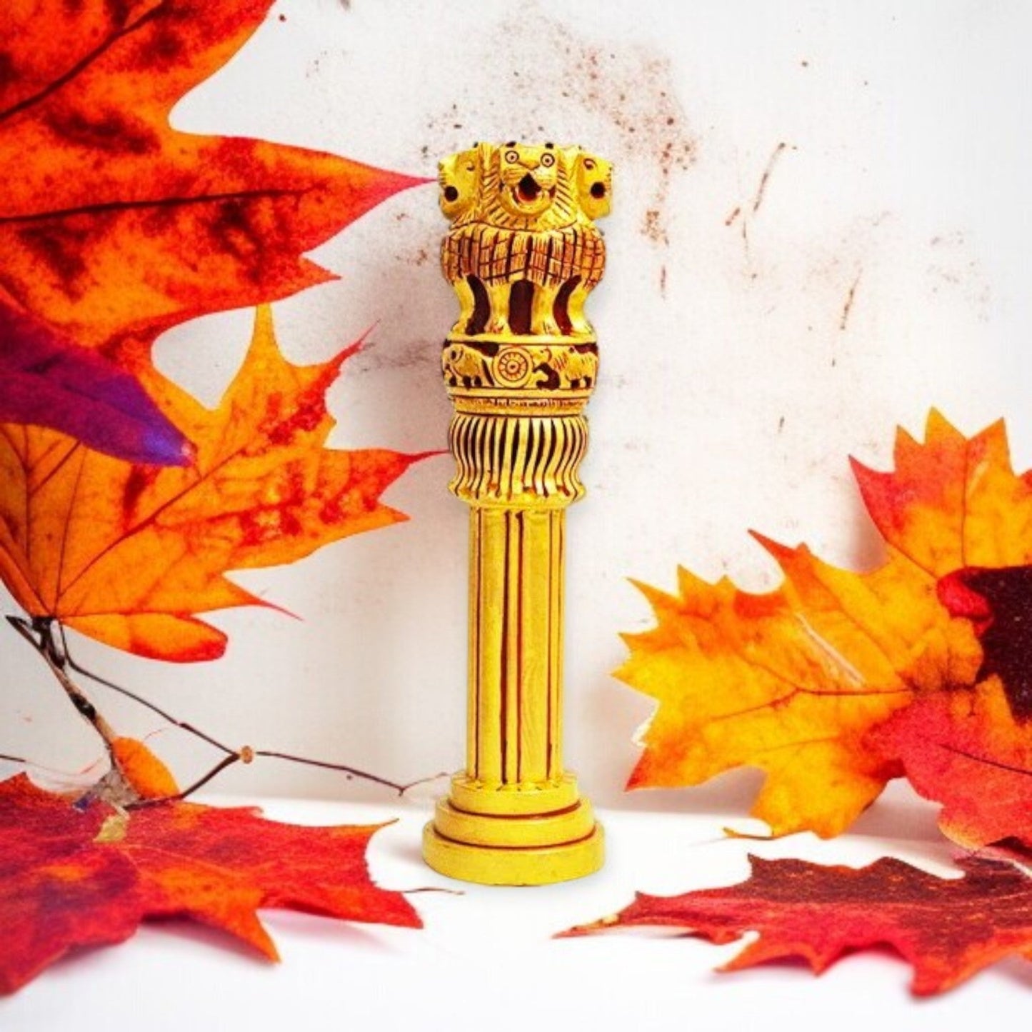 Wooden Antique Ashoka Stambh Pillar Showpiece In Red & Golden