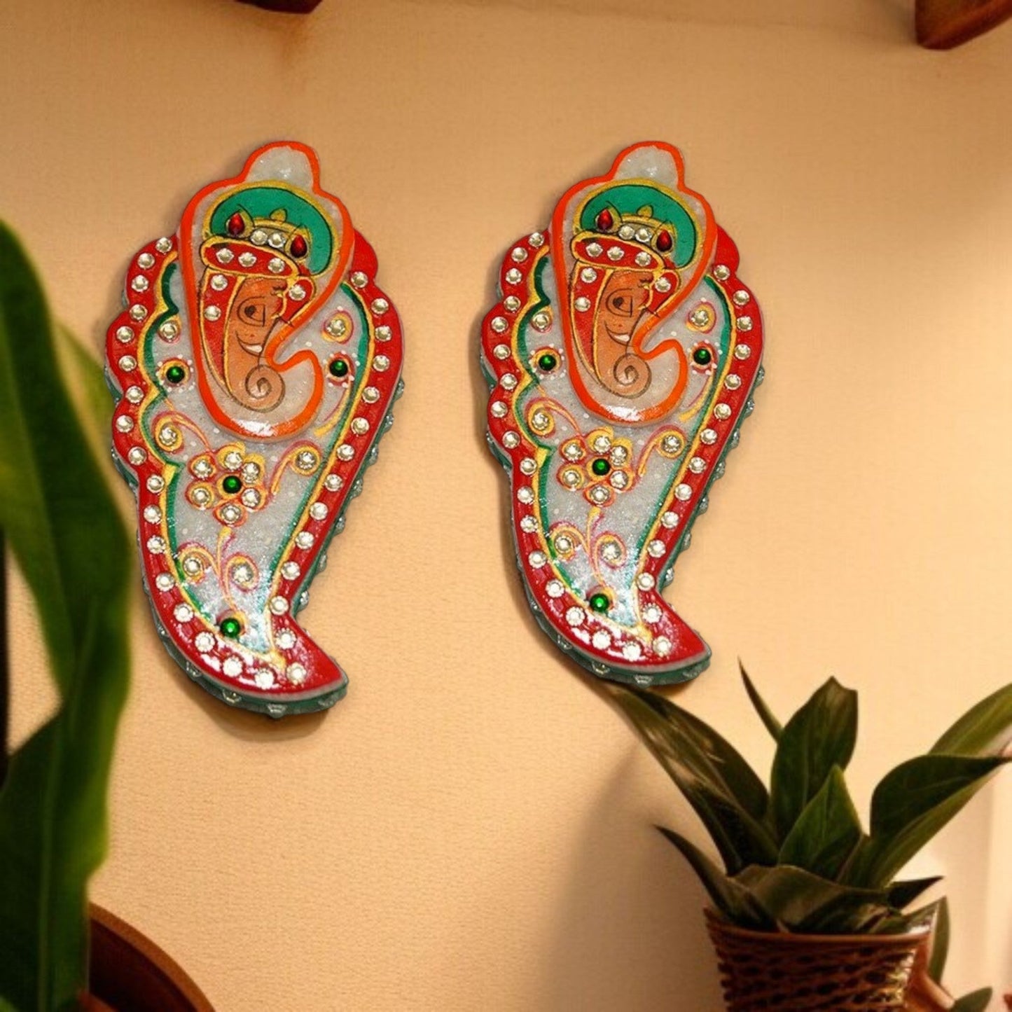 Handmade Marble Kundan Work Ganesha With Leaf Roli Sindoor Chopra Vase -  pair