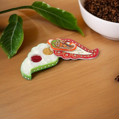 Handmade Marble Kundan Work Ganesha With Leaf Roli Sindoor Chopra Vase -  pair