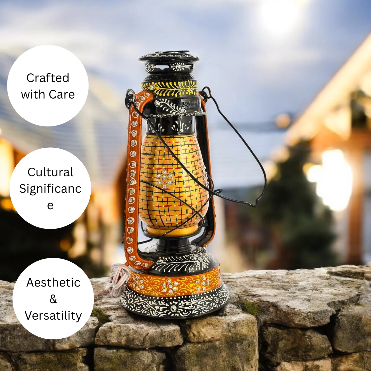 Beautiful Traditional Painting Hanging Lalten/lantern With Electronic Holder-Gold