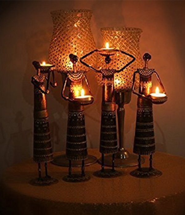 Iron Tribal Doll Tea Light Candle Holder Set of 4 Red