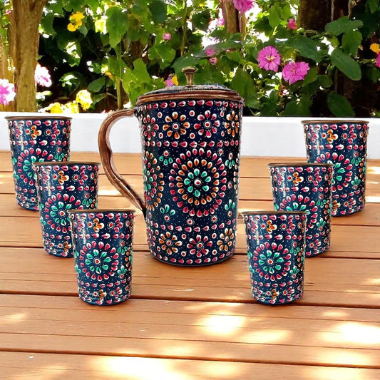 Copper Jug Printed With Copper 6 Glass Set