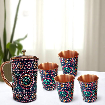 Copper Jug Printed With Copper 6 Glass Set