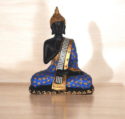 Polyresin Meditating Sitting Lord Buddha Showpiece - Cyan and Golden