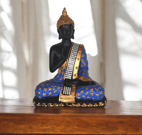 Polyresin Meditating Sitting Lord Buddha Showpiece - Cyan and Golden