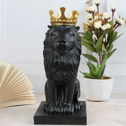 Polyresin Lion King Statue With Crown- Black