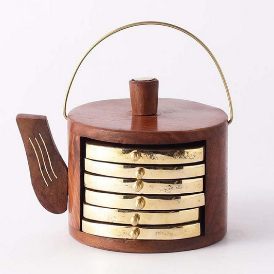 Wooden Kettle Shape Coaster Set Of 6