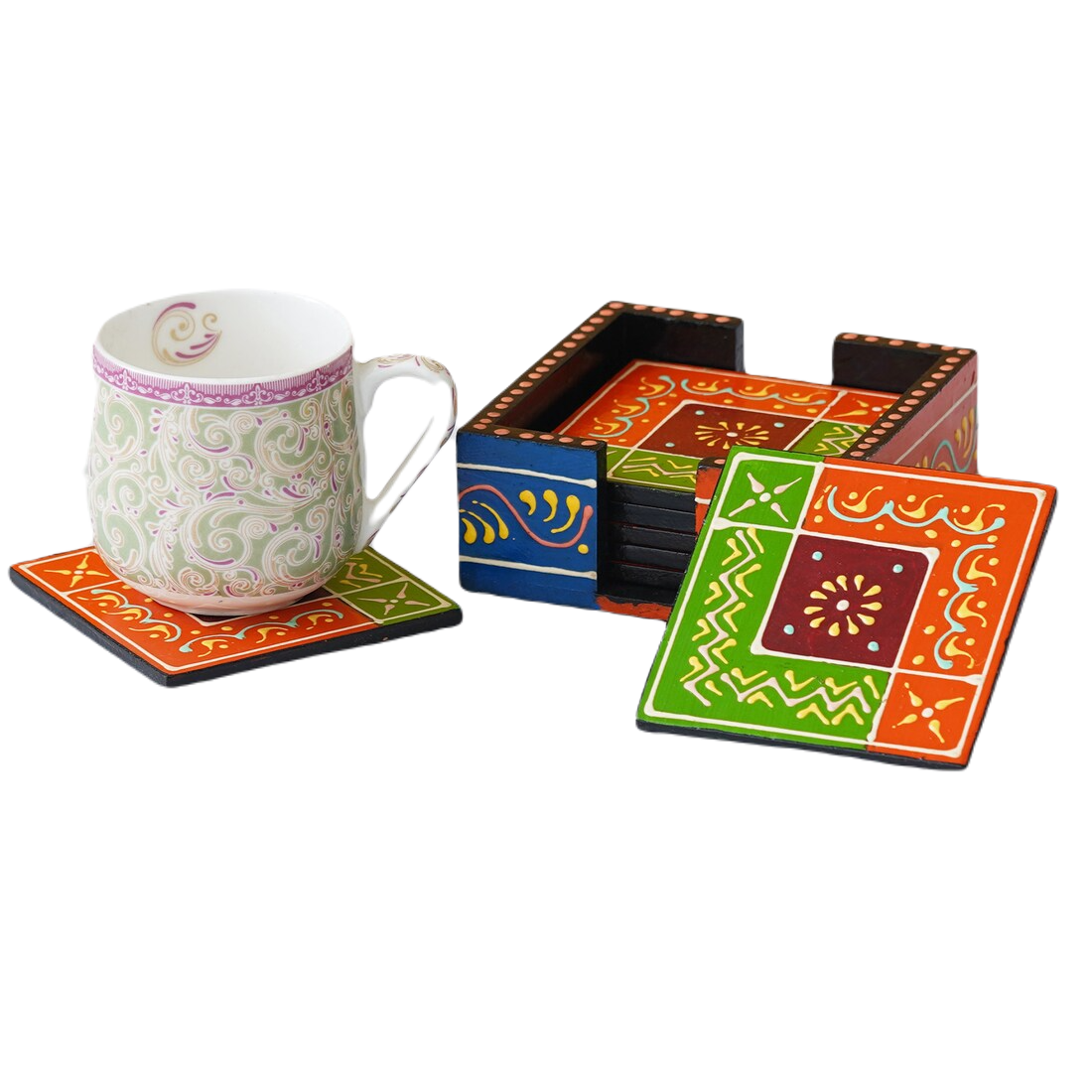 Wooden Painted Tea Coaster Set Of 6