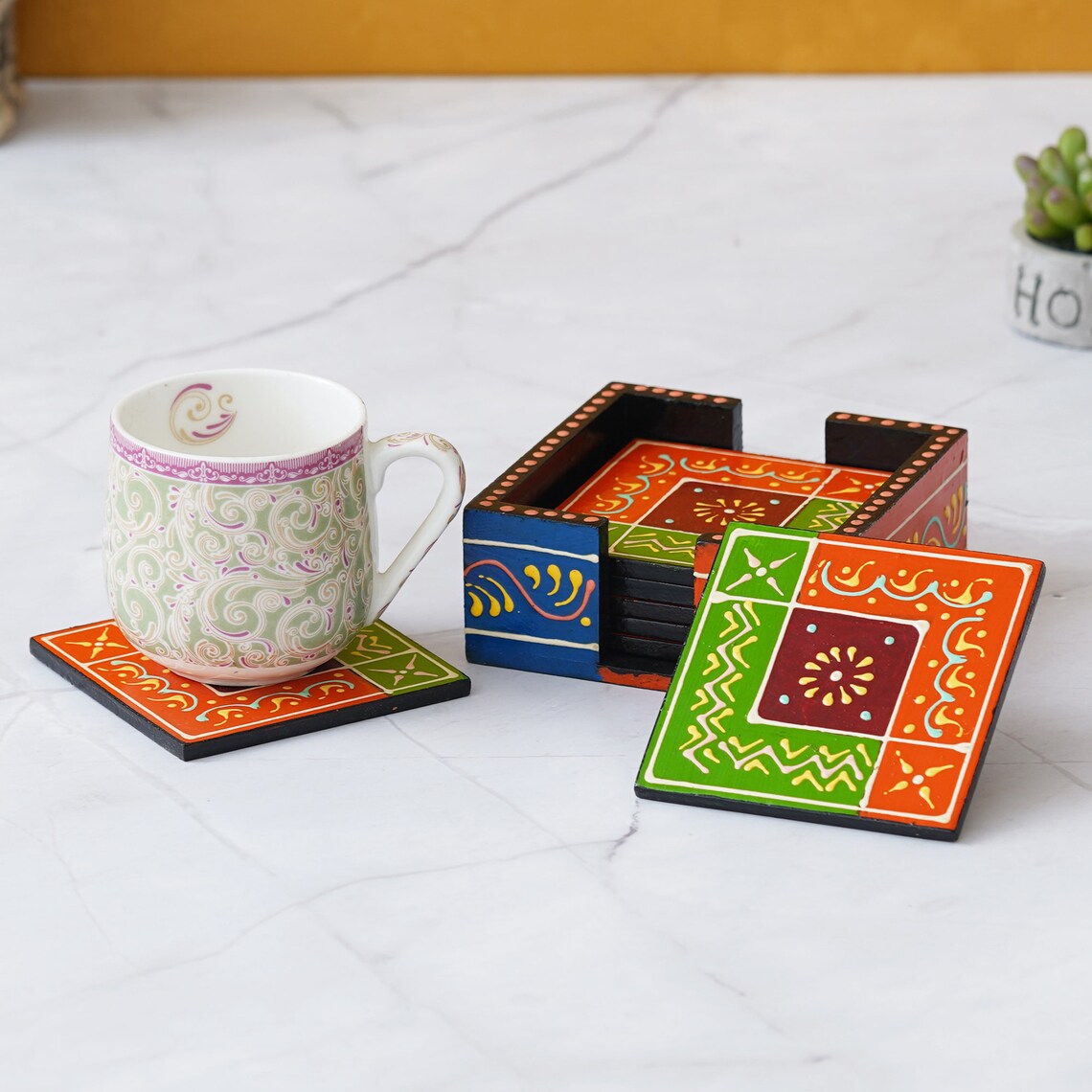 Wooden Painted Tea Coaster Set Of 6