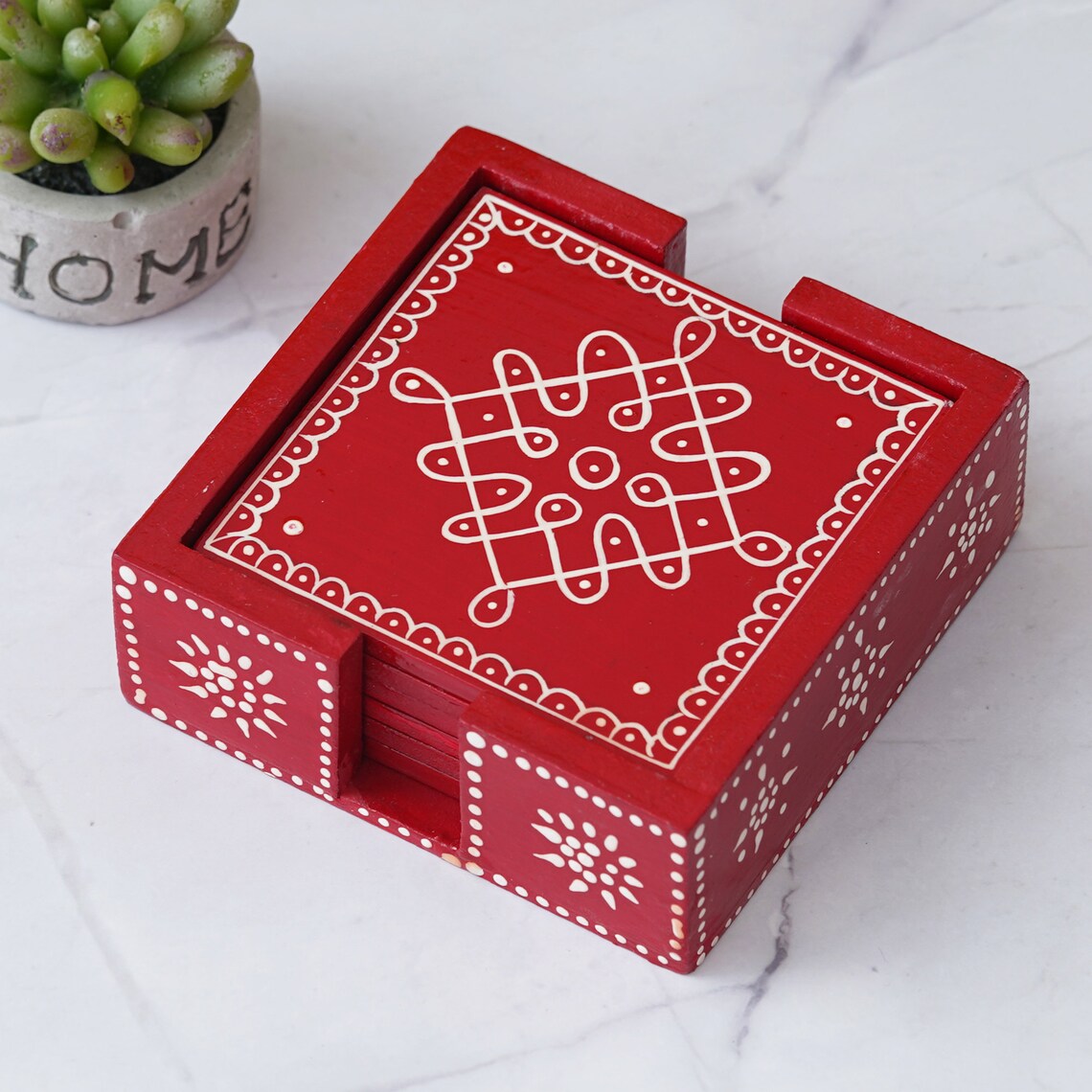 Wooden Red Tea Coaster Set Of 6