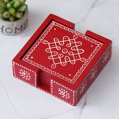 Wooden Red Tea Coaster Set Of 6