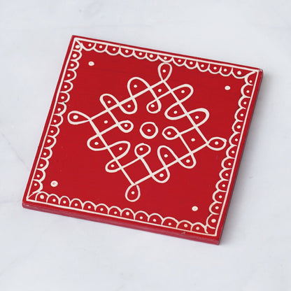 Wooden Red Tea Coaster Set Of 6