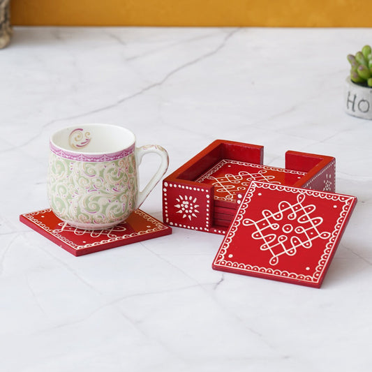 Wooden Red Tea Coaster Set Of 6
