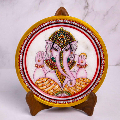 Marbel Round Ganesh Plate With Wood Stand