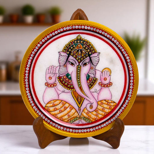 Marbel Round Ganesh Plate With Wood Stand