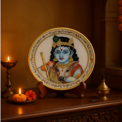 Marbel Round Krishan Plate With Wood Stand