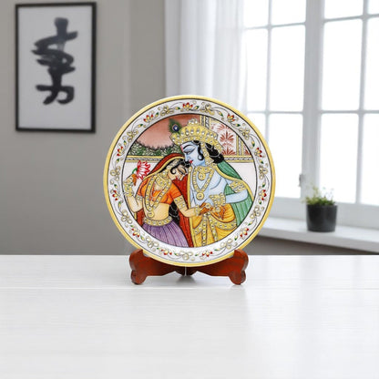 Marbel Round Radha Krishan Plate With Wood Stand