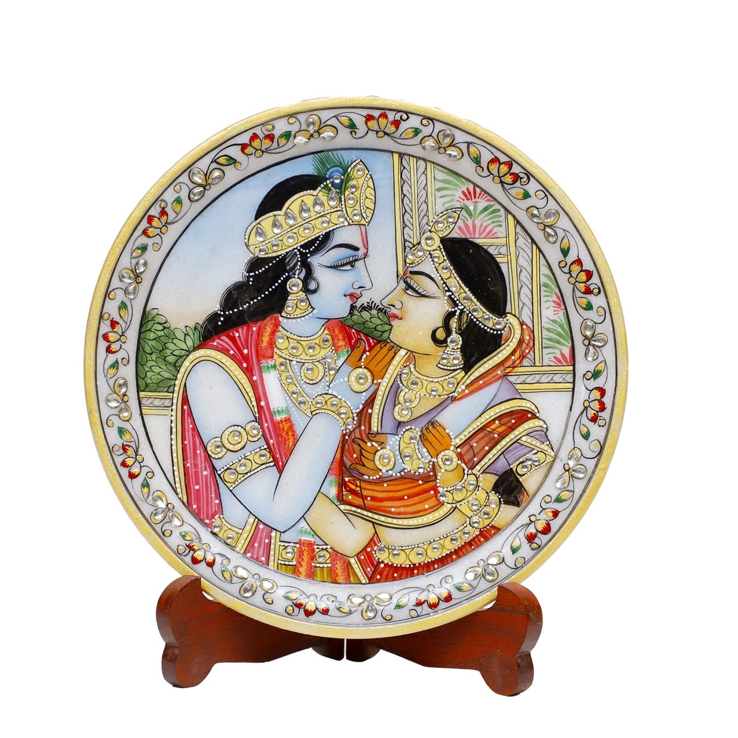 Marbel Round Radha Krishan Plate With Wood Stand