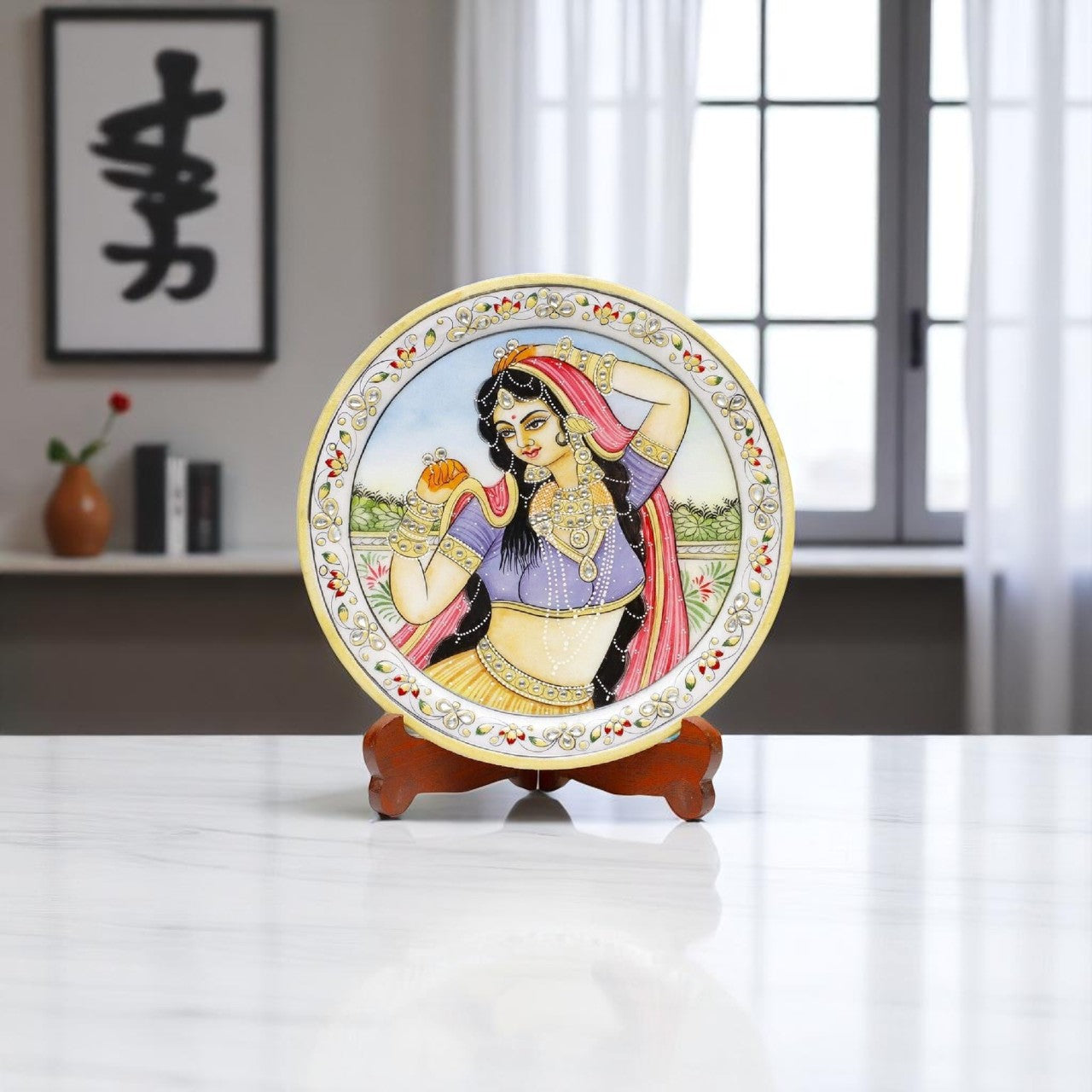 Marbel Round Ragini With Ring Plate With Wood Stand