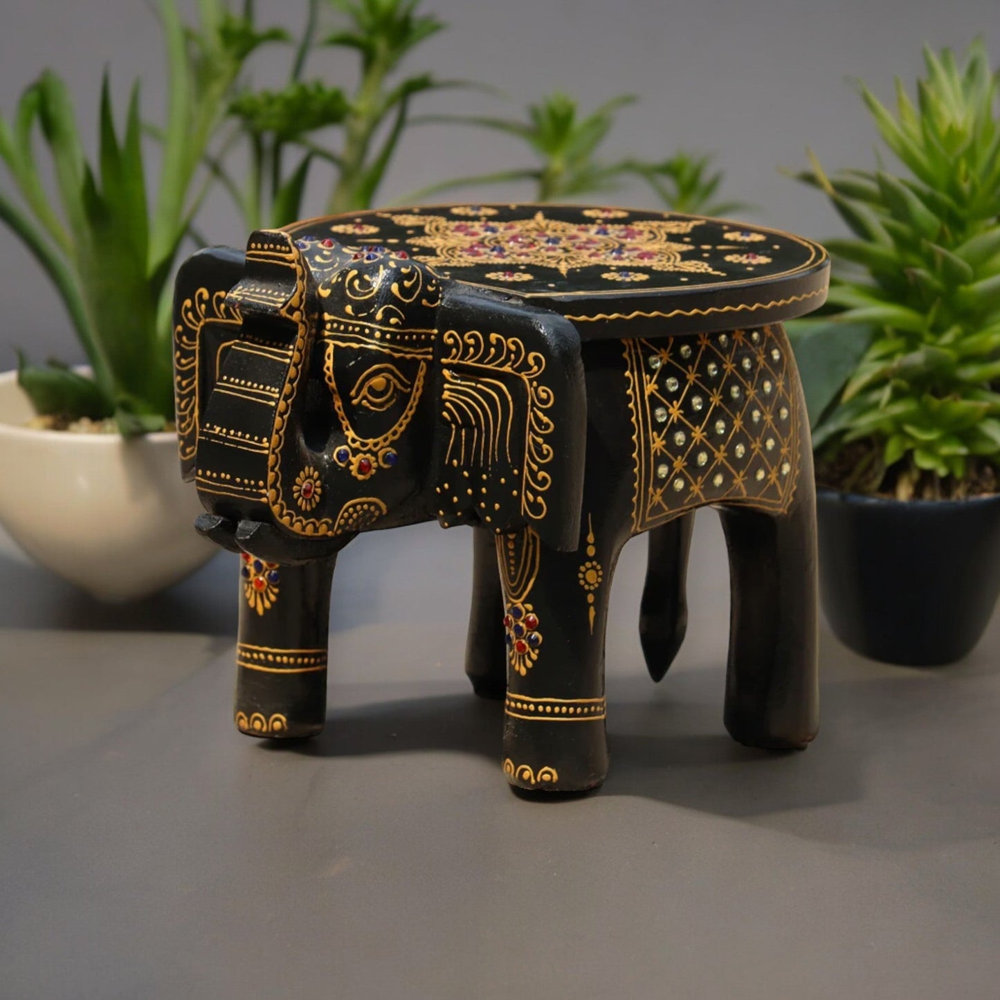 Wooden Hand Painted Elephant Stool with stone