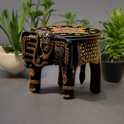 Wooden Hand Painted Elephant Stool with stone