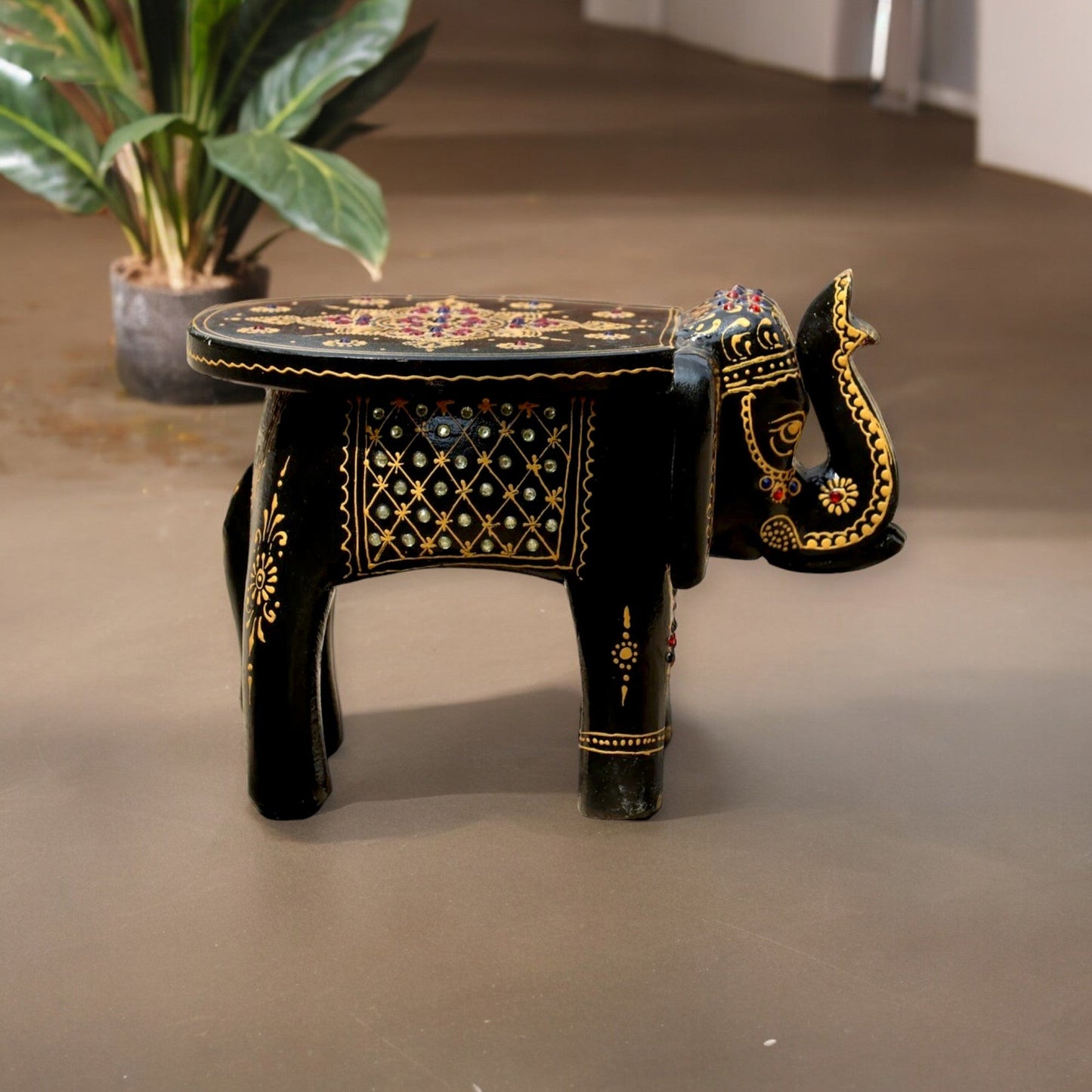 Wooden Hand Painted Elephant Stool with stone