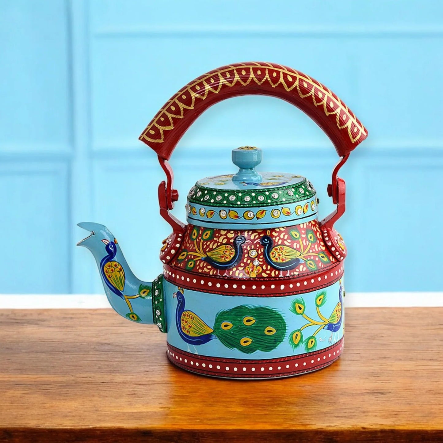 Hand Painted Aluminum Tea Kettle With Peacock Design