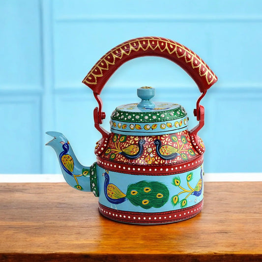 Hand Painted Aluminum Tea Kettle With Peacock Design