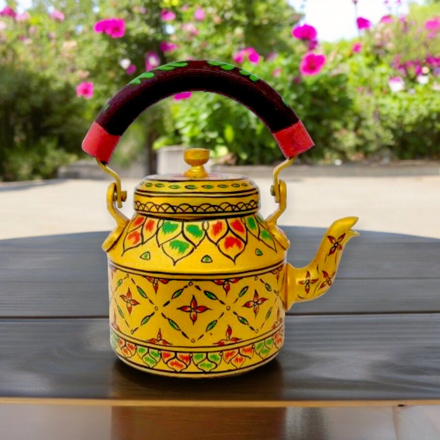 Aluminum Painted Tea Kettle With Cheerful Floral Design