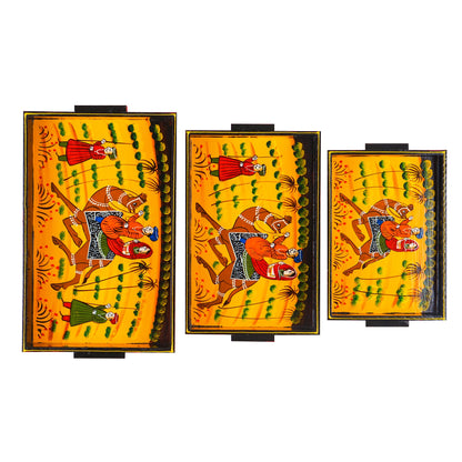 Wooden Tray Serving Hand Painted Set of 3