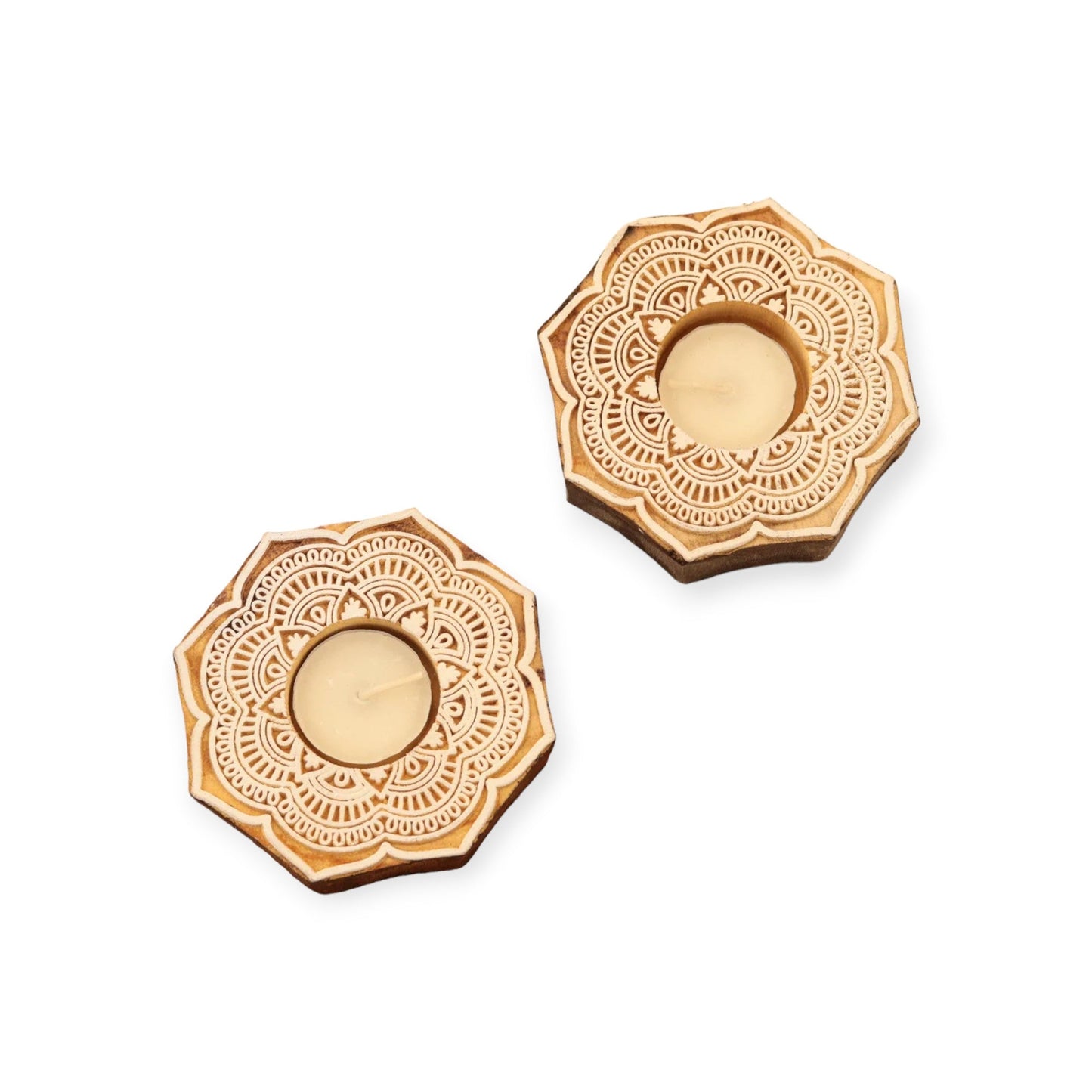 Wooden Tealight Candle Holders With Floral Motif Set of 2