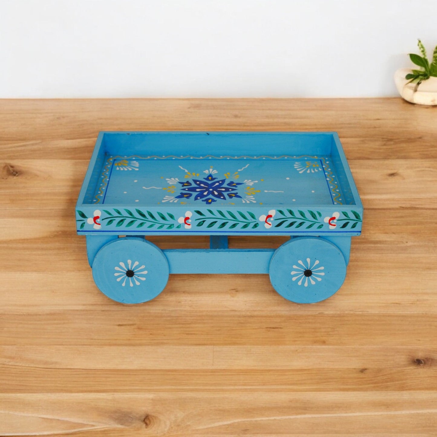 Wooden Handpained Tea Thela Serving Table Trolley-Blue