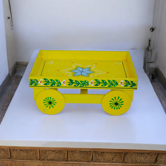 Wooden Handpained Tea Thela Serving Table Trolley-Yellow