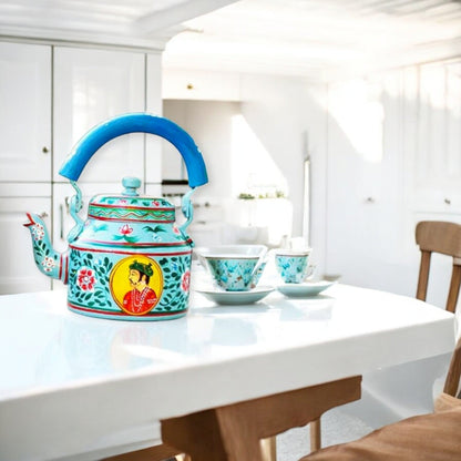Hand Painted Aluminum Tea Kettle With Wooden Troly Set