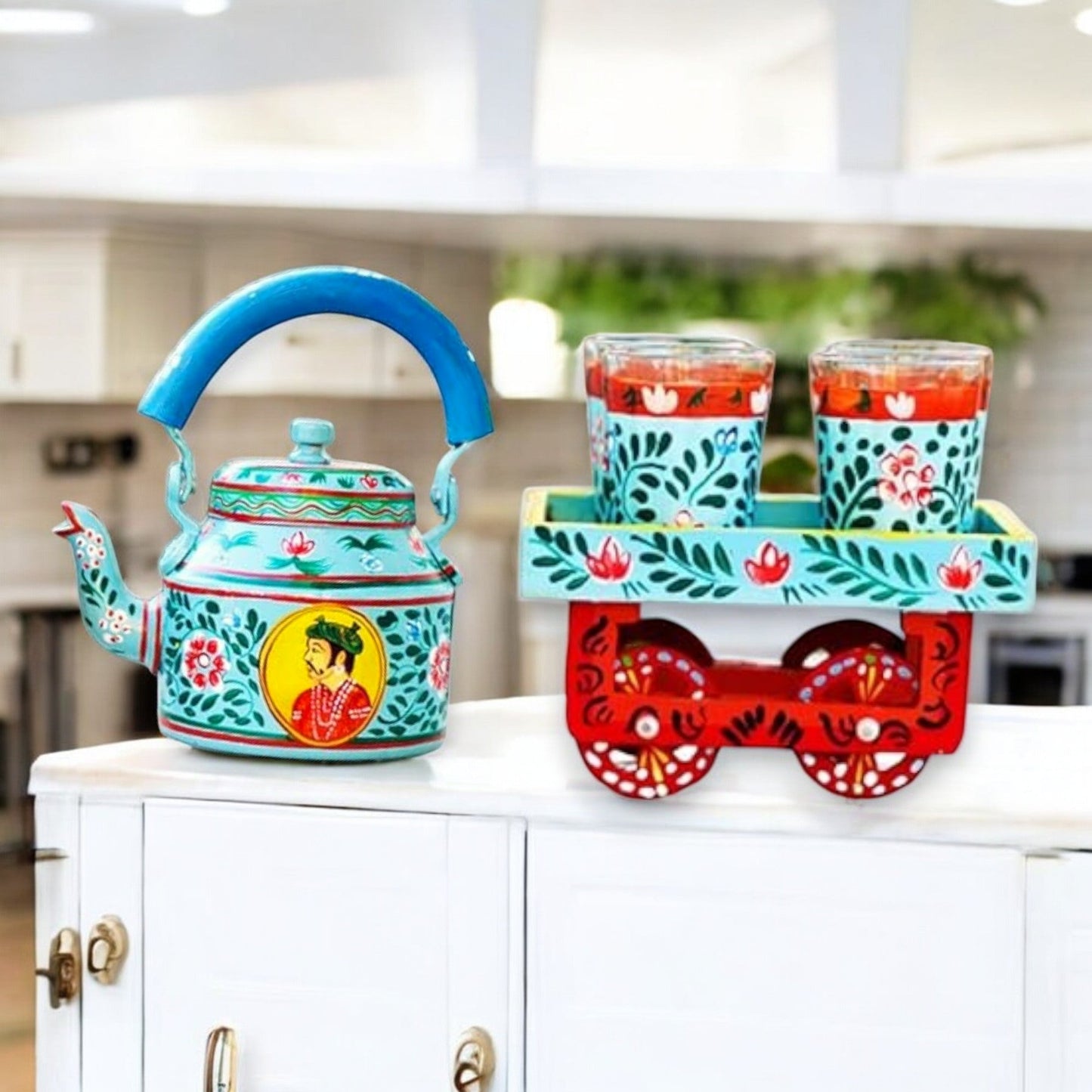 Hand Painted Aluminum Tea Kettle With Wooden Troly Set