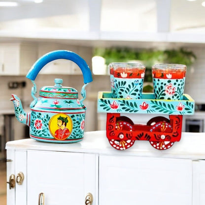 Hand Painted Aluminum Tea Kettle With Wooden Troly Set