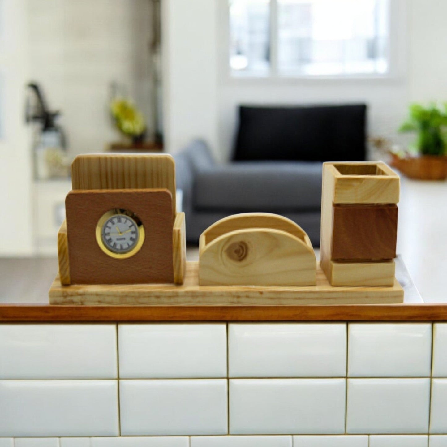 Wooden Pen & Moblie Stand With Clock Set of 50